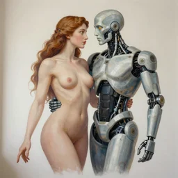 painted mural of cyborg adam and eve in love, elegant, striking composition, highly  detailed ornate sci fi background, mural in the style of sandro botticelli, caravaggio, albrecth durer, 8k