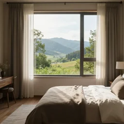 a photo of a bedroom with a landscape outside the window, highly detailed, sharp focus, unreal engine highly rendered, radiant light