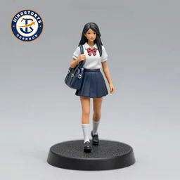 80mm resin detailed miniature of a girl, olive skin, school uniform, long black hair, bag, on textured disc base, Company logo in upper left corner; Miniature product Photo, 4K, Full body