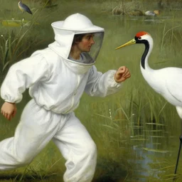 close up of man in white beekeeper costume chasing a crane in a swamp. painting by gertrude abercrombie, fra angelico, fra filippo lippi