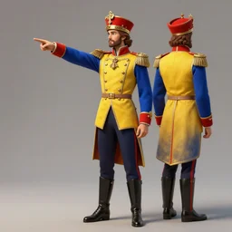 full body shot of the king's royal uniform, blue sleeves, yellow vest, red hat pointing front and back, fashion, fantasy kingdom, realistic and detailed, intricate, elegant, highly detailed, digital painting, trending on artstation, 4 k octane render