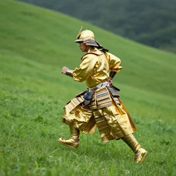 samurai in gold running on a green hill
