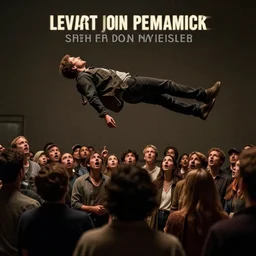 A man casually levitating 15 feet off the ground while a crowd of surprised onlookers watches. Photo realistic, DSLR photograph, Cinematic, dramatic lighting, award winning