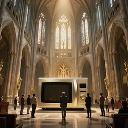 few people worshiping a giant microwave in center if a massive cathedral.