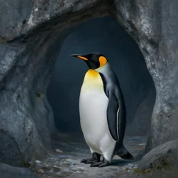 lonely penguin playing in a cave, abandoned by its herd, cinematic lighting, 4k painting
