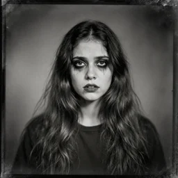 young eery creepy scary girl with long confused hair, horror, old tintype photo,