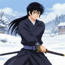 anime style warrior with katana, snowy