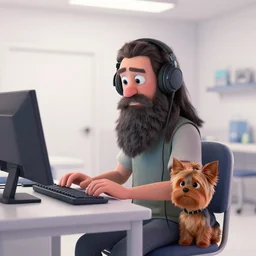 homeless man with long beard and long hair sitting at his computer in a white room asylum, headphones on head, yorkshire terrier beside him, pixar style, by tristan eaton stanley artgerm and tom bagshaw.