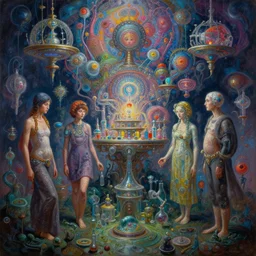 complex detailed being of mare biochemist, futuristic, tim hildebrandt, laurie greasley, victo ngai, bruce pennington, donato giancola, trending on artstation, very intricate cinematic composition, beautiful psychedelic dmt lighting, hyper detailed, 8 k, oil on canvas