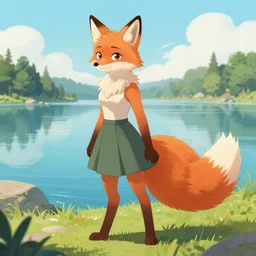 an anthropomorphic fox girl wearing a skirt, long fluffy tail, two pointed ears, beautiful lake background, illustration by greg rutkowski, thomas kindkade, loish, artstation, furaffinity, deviantart