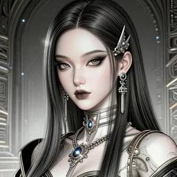 closeup portrait of a sophisticated, fashionable cyberpunk young asian woman, rich queen, ruler of the world, medium length straight hair, high tech jewelry, an ultrafine hyperdetailed illustration by irakli nadar, matt wisniewski style, intricate linework, porcelain skin, unreal engine 5 highly rendered, global illumination, radiant light, detailed and intricate environment