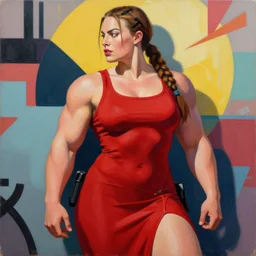 greg manchess portrait of margot robbie as thick female bodybuilder lara croft wearing red dress, epic grimdark, fantasy, medium shot, asymmetrical, profile picture, organic painting, sunny day, matte painting, bold shapes, hard edges, street art, trending on artstation, by huang guangjian and gil elvgren and sachin teng