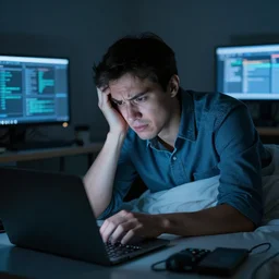 a software engineer coping and seething as he's woken up for the 5 th time in a night due o on - call issues.