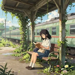 advanced digital art. an abandoned train station overgrown with vines and flowers. A beautiful girl is sitting on a bench reading. Digital Anime painting. Sakimichan, WLOP, RossDraws, pixivs, Makoto Shinkai. —H 2160