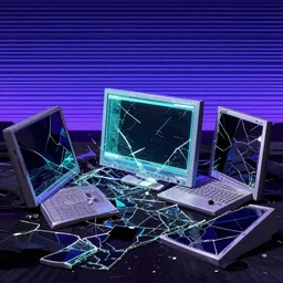 debris of broken computer screens, synthwave, retrowave