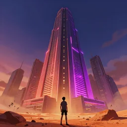 looking up at a massive brutalist neon lit skyscraper in a desert wasteland on a blade runner world in the style of Rob Lefield Daniel Merriam and Ralph McQuarrie, trending on artstation, digital art, third person perspective, viewed from below, wide angle, establishing shot