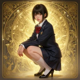 a digital concept art by artgerm and greg rutkowski and alphonse mucha. clear portrait of a squatting attractive school girl in uniform!! sit on heels!! light effect. hyper detailed, character concept, glowing lights!! intricate, elegant, digital painting, artstation, smooth, sharp focus