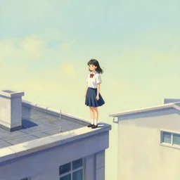 gouache of a cute girl wearing school uniform standing on the edge of the roof of a tall building, 8 k wallpaper, high detailed, illustration, morandi color scheme, art station, by krenz cushart