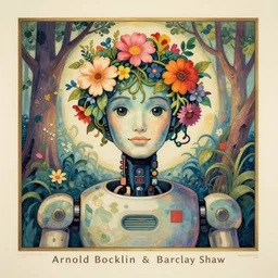 A colorful, detailed print - A portrait of a robot with the top of its head composed of flowers and vines inside a frame of trees. by Arnold Bocklin and Barclay Shaw, masterful print. 4k, unreal engine stunning Art Nouveau