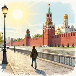 a sketch drawn by a little man walking along the arbat, the sun is shining, the kremlin is visible by gabo mendoza, trending on artstation