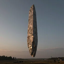 a huge, tall and thin jagged monolith hovers above a field, dusk light, unreal engine, matte painting, trending on artstation, 4k, by Greg Rutkowski