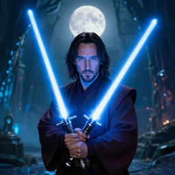 keanu reeves as a jedi master with a blue lightsaber fighting a sith lord in an ancient bioluminescent forest, perfect symmetrical face, full moon, moody lighting, 8 k, shallow depth of field, intricate detail,