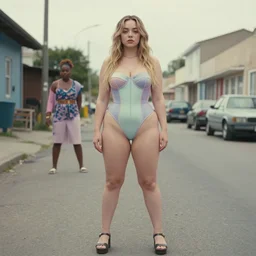 still from music video of sydney sweeney from die antwoord standing in a township street, street fashion clothing,! haute couture!, full figure painting by martine johanna, njideka akunyili crosby, rossdraws, pastel color palette, 2 4 mm lens