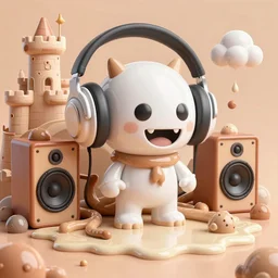 pop - wonder - nft demon listening to music, giant speakers, headphones, the goopy - muck and slithering about the castle side delights on a melted cheesy day in a hand - drawn vector, svg, cult - classic - comic - style