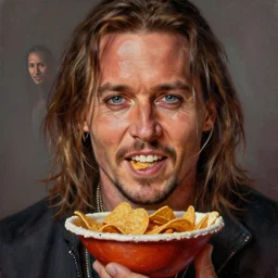 johnny depps face inside of chip dip, fullbody, ultra high detailed, oil painting, greg rutkowski, charlie bowater, yuumei, yanjun cheng, unreal 5, daz, hyperrealistic, octane render, rpg portrait, dynamic lighting, fantasy art, beautiful face