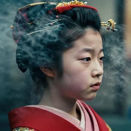 profile 3 / 4 face realistic photography of a japanese geisha 3 5 years old, short hair, few wrinkles around eyes, cinematographic, street photography of tokyo, cinematic light, close up view, grainy image, intense, smoke and fog around, filth and grim, 5 0 mm lens