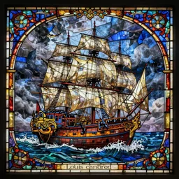 a stunning, realistic, beautiful stained glass depiction of an enormous, ornate, elaborate galleon in a gathering storm. detailed, intricate, by n. c. wyeth, james gurney, and john williams waterhouse, by louis comfort tiffany