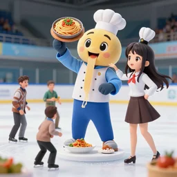 4 5 mm 1 9 8 7 cooking food photography of an corporate mascot at an ice rink summoning an anime pasta girl, photography by tyler mitchell johfra bosschart