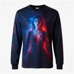 portrait of an ethereal long sleeve t shirt made of blue and red light, divine, cyberspace, mysterious, dark high-contrast concept art