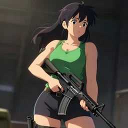 worksafe. insanely detailed. by makoto shinkai, pixiv. zbrush sculpt, octane, maya, houdini, vfx. a beautiful curvy anime girl with an athletic feminine body in a green tank top and black shorts, holding an assault rifle. cinematic dramatic atmosphere, sharp focus, volumetric lighting, illustration, high resolution, 2 d art.