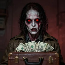 mavrodi with red eyes with a suitcase of money in a jacket, creepy realistic art in color