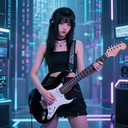 cyber guitar girl futuristic lighting wardrobe behind a wall of matrix, cyberpunk in synthwave aesthetic, sci - fi, illustration by atey ghailan, by greg rutkowski, by greg tocchini, by james gilleard, by joe gb fenton, symmetrical features, royally decorated, organic, whirling gasses, colorful torn nebulas, radiant vibrant colors