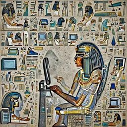 Ancient Egypt Art, art of A person using a computer in art style of ancient art, fragmented, a person using a computer!!!!! Ancient Egypt art