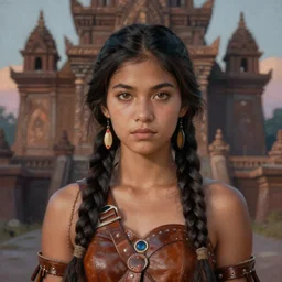 breathtaking detailed soft painting of a young sexy native warrior girl in leather, with long braided hair and piercing eyes, ancient temple at twilight, symmetrical!! realistic features, rembrandt style, elegant, highly detailed, artstation, concept art, matte, sharp focus, art by tom bagshaw, kelogsloops and greg rutkowski