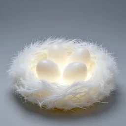 realistic photo of a a white resin latex nest with eggs covered in electric hairs, front view, empty soft glowing space, emitting electric tesla aura radiation 1 9 6 0, life magazine photo, natural colors, metropolitan museum, kodak, 8 k, very detailed, high resolution, product photo,