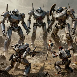 hyper - realistic matte landscape of robots going to war against humanity, celshading, sharp focus, intricate, detailed, by rhads, andreas rocha, makoto shinkai, lois van baarle, ilya kuvshinov and greg rutkowski, by greg rutkowski, dynamic lighting, sharp focus, grunge aesthetic, 4 k