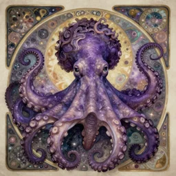 queen of the purple octopus, octopus arm hair, artgerm, portrait, muted colors, artstation, character concept art, border and embellishments inspiried by alphonse mucha, fractals in the background, galaxy