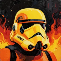 Minimal Stylized Futuristic Stormtrooper helmet by René Laloux, Jean Giraud, Mœbius, Moebius, orange, yellow, saturated, high quality scan, 8k, artstationhq, IAMAG concept art pop-art fire black red yellow orange impasto oil painted daubed smoke flame fire army by anton fadeev dug stanat simon stalenhag anato finnstark lucian freud nicola samori Frank Auerbach, trending on artstation
