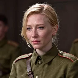 cate blanchett as a sad female soviet soldier, art by Sandra Chevrier