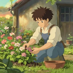 a wholesome cottagecore illustration of a gardener taking care of the flowers in the front yard, studio Ghibli, Pixar and Disney animation, sharp, Rendered in Unreal Engine 5, anime key art by Greg Rutkowski, Bloom, dramatic lighting, sunrise