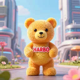 portrait of haribo bear in future city, color and shape focus, central composition, natural light, bloom, p