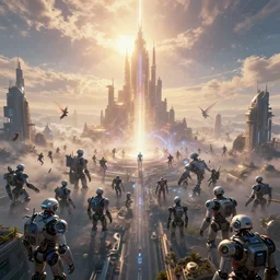 a centered render digital materverse utopia in the sky, shining its light across a tumultuous robot sea of digital robots and fairy, cyber punk, futurism, unreal engine, high detailed, 8 k, magic hour, the end of the world