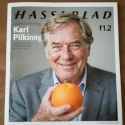 award winning portrait of Karl Pilkington holding an orange, on the cover of a magazine, Hasselblad photograph, soft focus, f1.2, soft focus