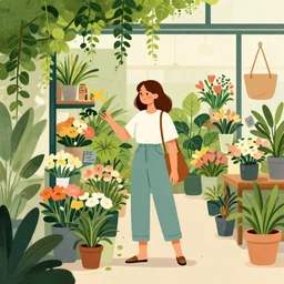 editorial illustration portrait of a woman shopping in a florist shop interior foliage overgrowth, ivy, flowers, mads berg, christopher balaskas, victo ngai, rich grainy texture, detailed, dynamic composition, wide angle, unreal engine, kurzgesagt, matte print, screen print, ( ( dither ) )