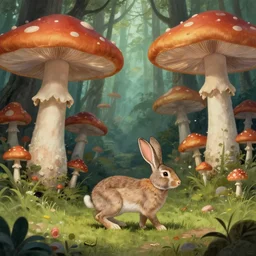 Surreal art, rabbit walking in a fantasy forest with big mushrooms