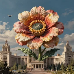 colossal grotesque flower made from unfulfilled communist dreams in the middle of abandoned post soviet constructivist cityscape, Stalinist architecture, ultradetailed by Hayao Miyazaki and Josan Gonzalez and Makoto Shinkai and Giuseppe Arcimboldo and Wes Anderson